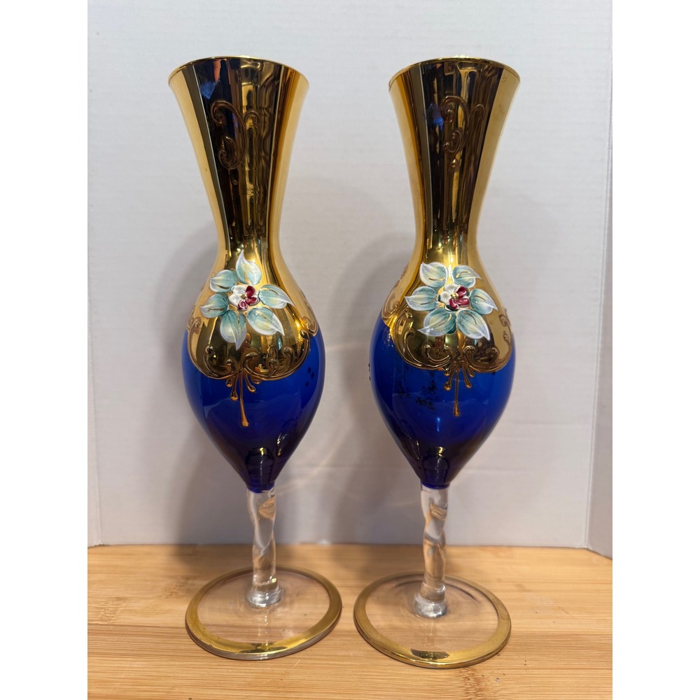 MURANO "Tre Fuochi" Cobalt Blue 24K Gold Enamel Vases Vintage Italian Art 10.5"